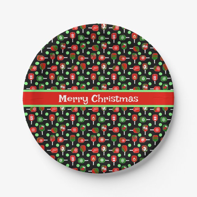 Christmas Pickleball Red Green Paddles Balls Black Paper Plate (Front)