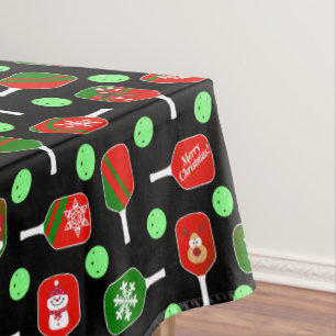 Christmas Pickleball Red Green Paddles Balls Black Tablecloth