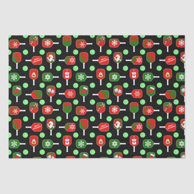 Christmas Pickleball Red Green Paddles Balls Black Tissue Paper (Front)