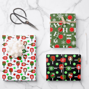 Christmas Pickleball Red Green Paddles Balls Ho Ho Wrapping Paper Sheet