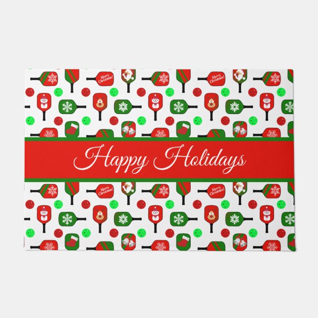 Christmas Pickleball Red Green Paddles Balls X-Mas Doormat (Front)