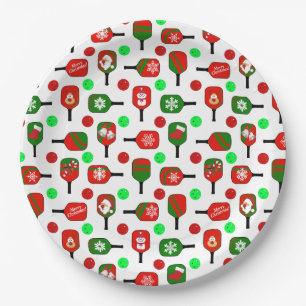 Christmas Pickleball Red Green Paddles Balls X-Mas Paper Plate