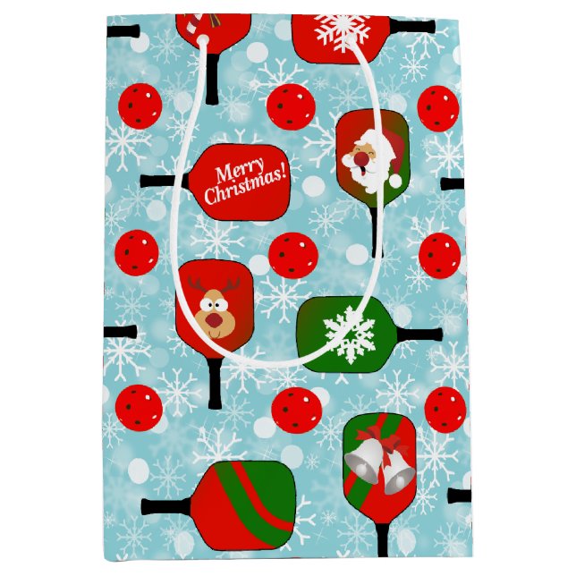Christmas Pickleball Red Green Snowflakes Blue Medium Gift Bag (Front)