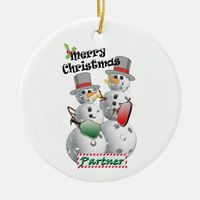 Christmas Pickleball snowman partner Ceramic Tree Decoration (Front)