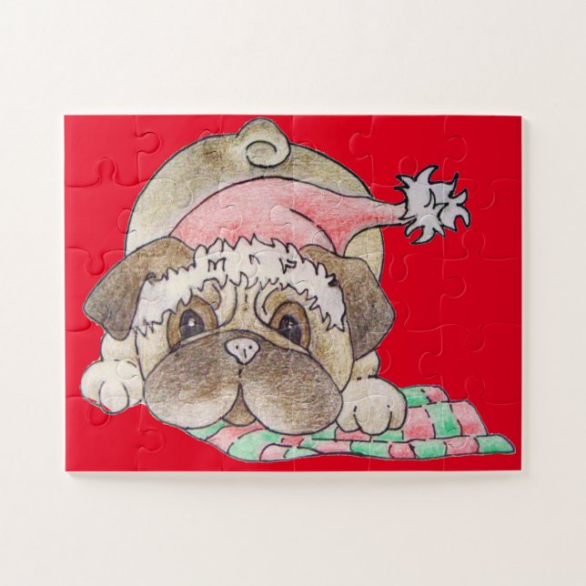 christmas picture of cute pug play bowing jigsaw puzzle (Horizontal)