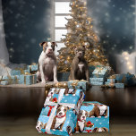 Christmas Piebald PitBull Puppies Red Ribbons Wrapping Paper<br><div class="desc">Piebald Pitbull puppies with red ribbons,  on a light blue background,  with presents and snowflakes.. greatest paper to wrap your gifts in this year,  a must have for pitbull families or any dog lovers  -  - A © WhimsicalArtwork™ original -</div>