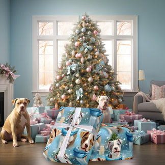 Christmas Piebald Pitbull Pups Blue Scarf Wrapping Paper