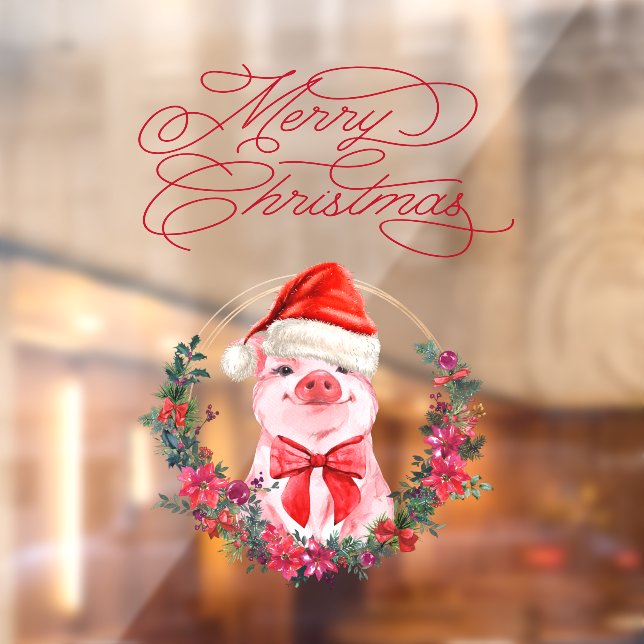 Christmas Pig Cute Fun White Red Merry Christmas Window Cling (Sheet 2)
