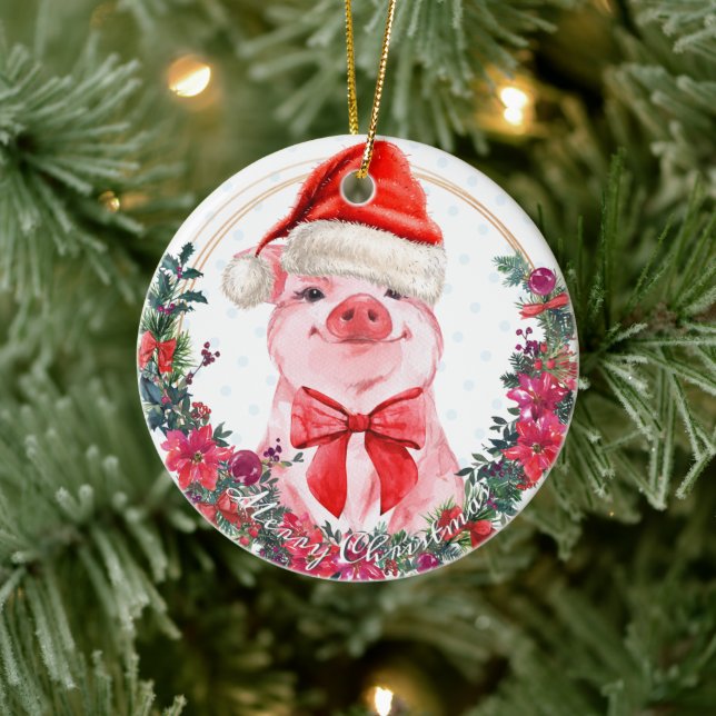 Christmas Pig Cute Piglet Wreath First Christmas Ceramic Tree Decoration (Tree)
