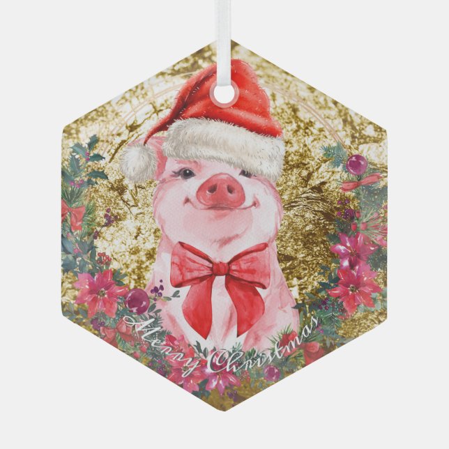   Christmas Pig Cute Piglet Wreath Merry Christmas Glass Tree Decoration (Front)