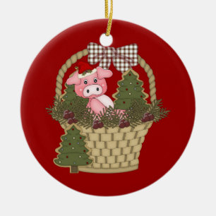 Christmas Pig In A Basket Ornament