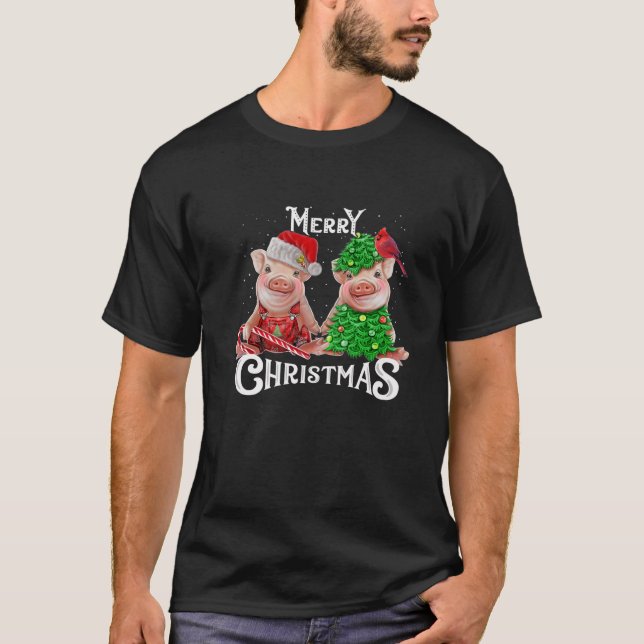 Christmas Pig Lights Santa Hat For Girls Boys Men T-Shirt (Front)