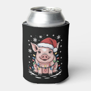 Christmas Pig Santa Hat Lights Snowflake Xmas Can Cooler