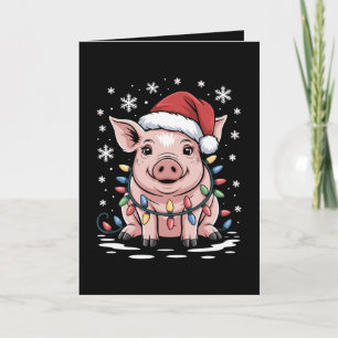 Christmas Pig Santa Hat Lights Snowflake Xmas Card