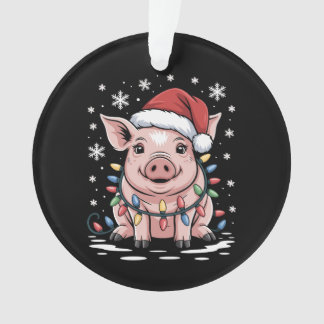 Christmas Pig Santa Hat Lights Snowflake Xmas Ornament