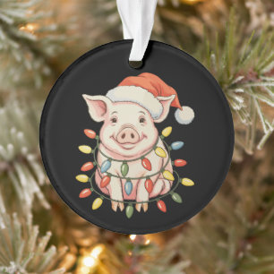 Christmas Pig Xmas Lights Santa Hay Holiday Season Ornament