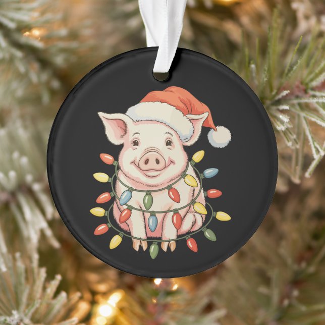 Christmas Pig Xmas Lights Santa Hay Holiday Season Ornament (Tree)