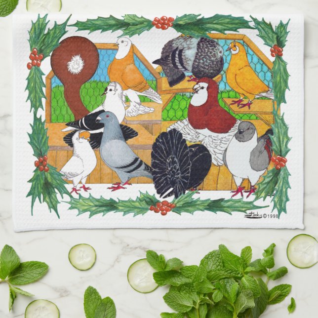 Christmas Pigeons Tea Towel (Folded)