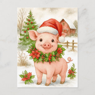 Christmas Piglet Watercolor Postcard