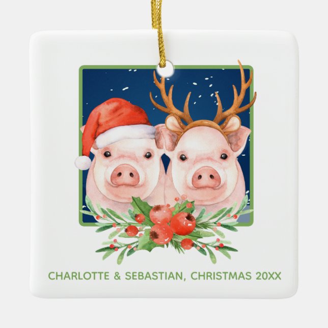 Christmas Pigs Cute Santa and Reindeer Couple Ceramic Ornament (Front)