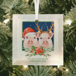 Christmas Pigs Cute Santa and Reindeer Couple Glass Tree Decoration
