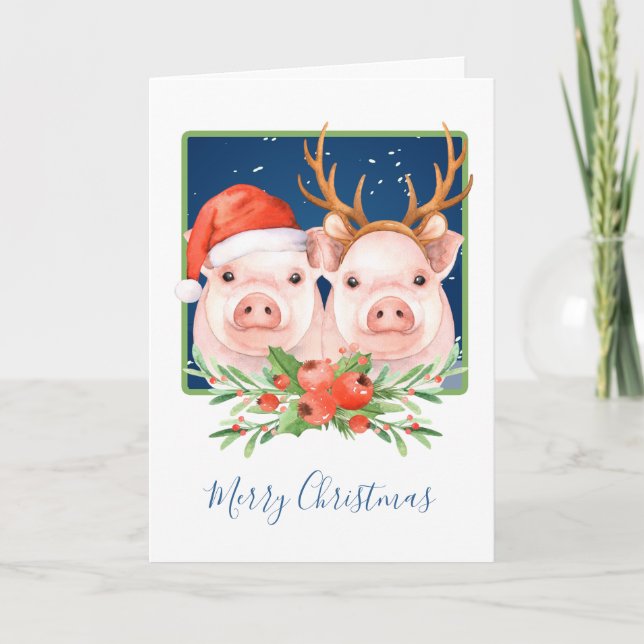 Christmas Pigs Santa and Reindeer Couple Holiday Card (Front)
