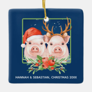 Christmas Pigs Santa Reindeer Couple Personalized Ceramic Tree Decoration