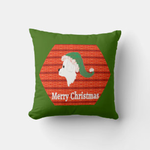 Christmas Pillow, White Dog in Green Santa Hat Cushion