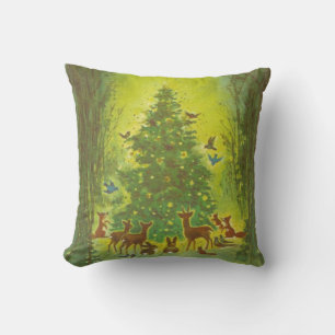 Christmas Pillow Wildlife Gathering Around a Tree