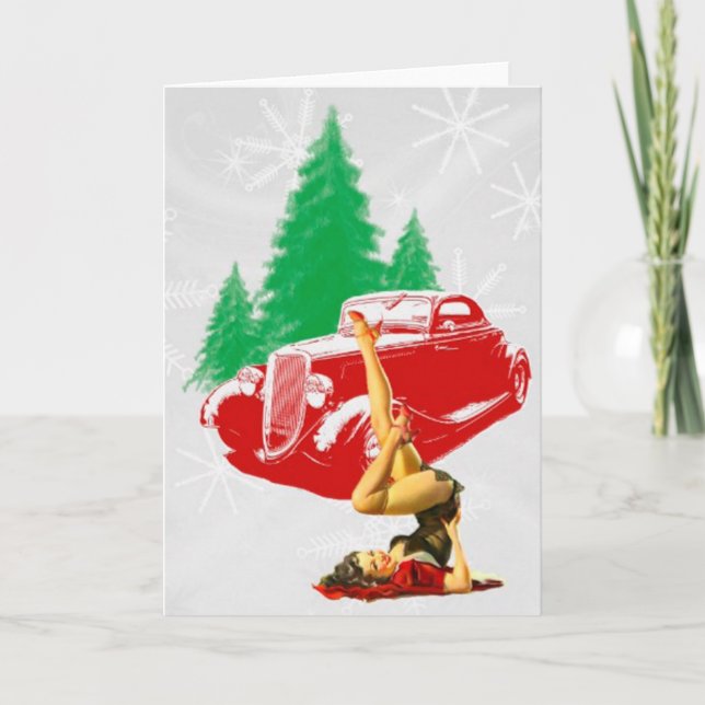 Christmas Pin-Up Girl and Classic Car Holiday Card (Front)
