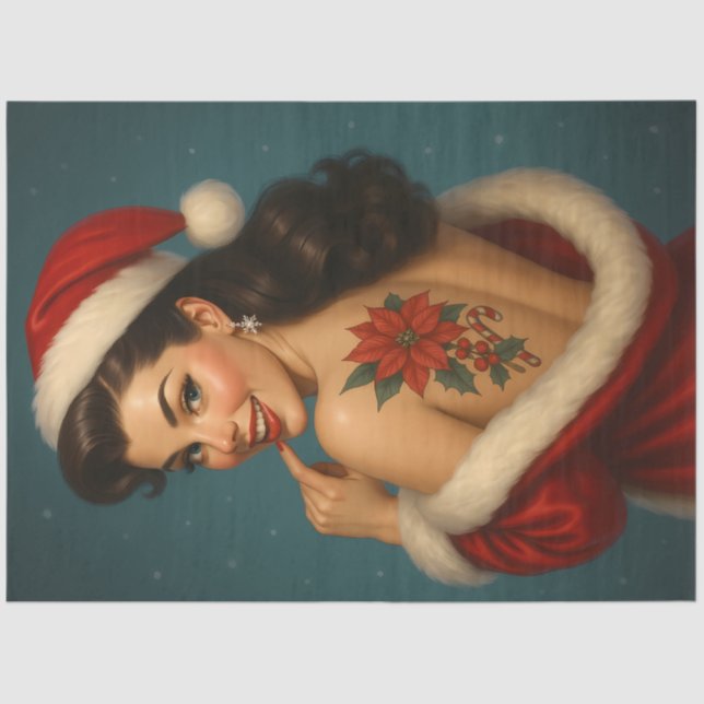 Christmas Pin-Up with Poinsettia Tattoo Decoupage Tissue Paper (Front)