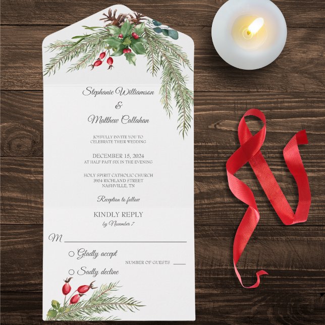 Christmas Pine and Berries All In One Invitation (Also available with QR code. )