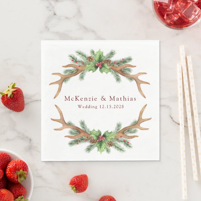 Christmas Pine and Deer Antlers Wedding Napkin (Insitu)