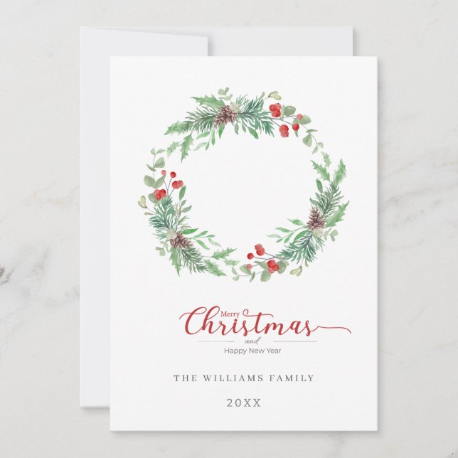 Christmas Pine and Holly  wreath Flat Holiday Card (Front)