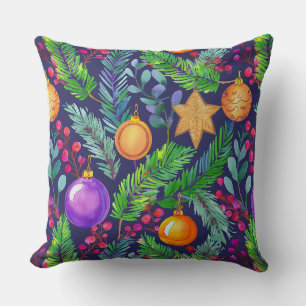Christmas pine and ornaments purple pattern cushion