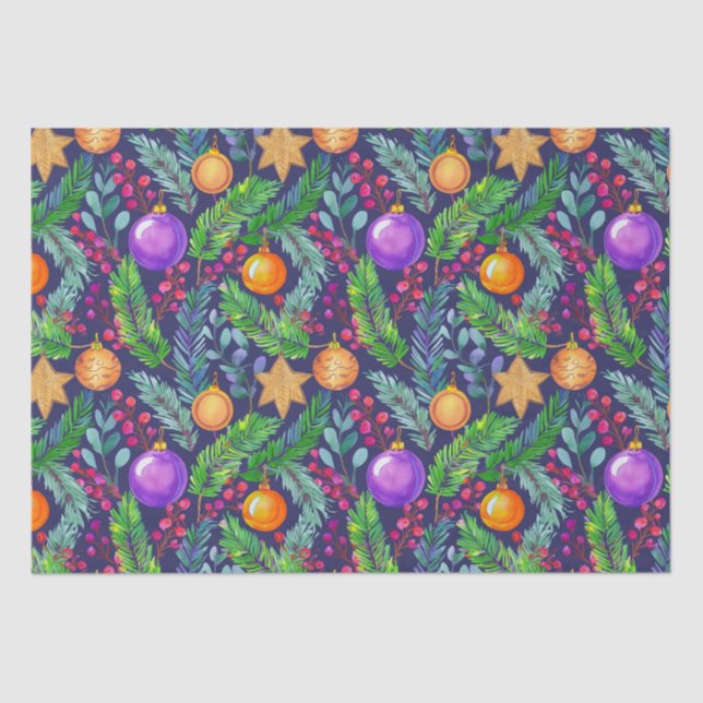 Christmas pine and ornaments purple pattern tissue paper (Front)