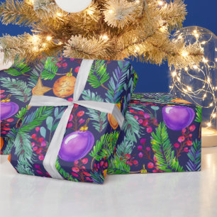 Christmas pine and ornaments purple pattern wrapping paper