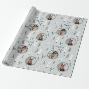 Christmas Pine Animal Name Photo Personalised Kids Wrapping Paper