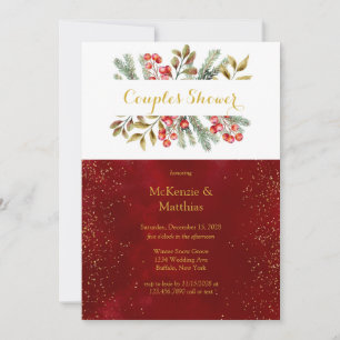 Christmas Pine Berrie Burgundy Gold Couples Shower Invitation