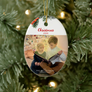 Christmas Pine Berries Custom Family Photo Ceramic Tree Decoration