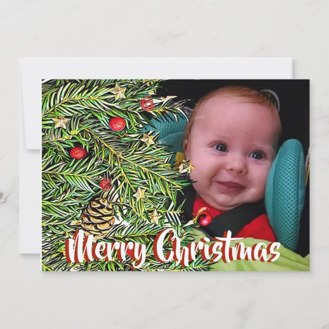 Christmas Pine & Berries Personalised Photo Holiday Card (Front)