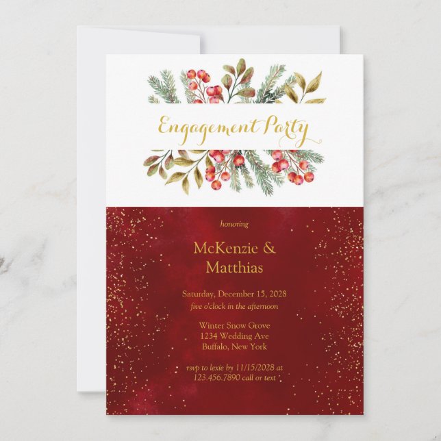 Christmas Pine Berry Burgundy Gold Engagement Part Invitation (Front)