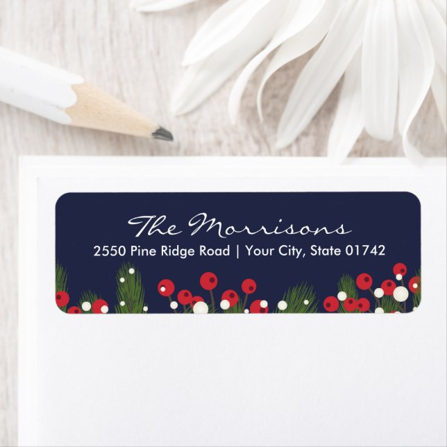 Christmas Pine & Berry Custom Blue Return Address (Insitu)