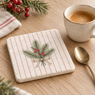 Christmas Pine Berry Red Stripe Stone Coaster