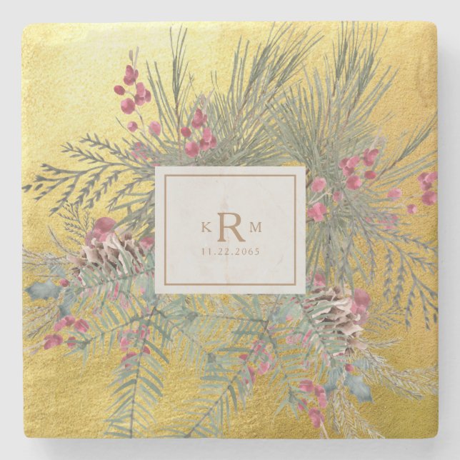 Christmas Pine Botanical Gold Monogram Stone Coaster (Front)
