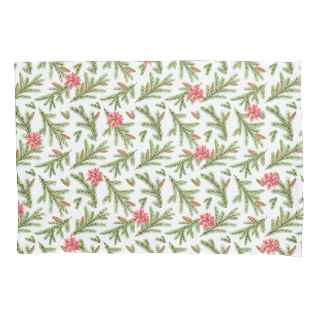 Christmas Pine Boughs and Poinsettias Pillowcase (Front)