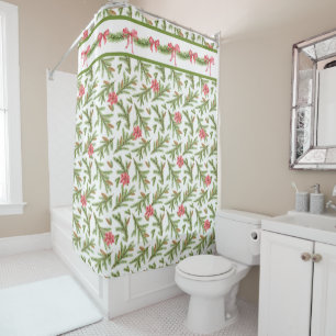 Christmas Pine Boughs and Poinsettias Shower Curtain