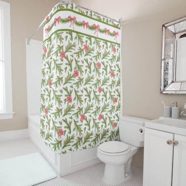 Christmas Pine Boughs and Poinsettias Shower Curtain (In Situ)