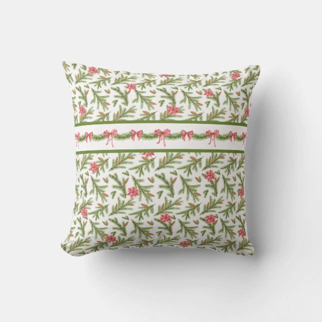 Christmas Pine Boughs, Poinsettias and Red Bows Cushion (Front)