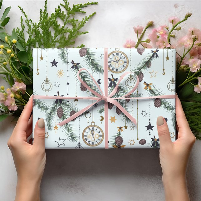Christmas Pine Branch Clock Star Vintage Wrapping Paper (Creator Uploaded)